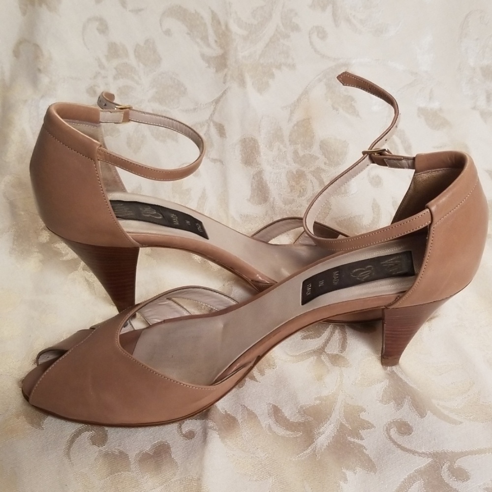 Vaneli Brown Leather Peeptoe Heels with Buckle